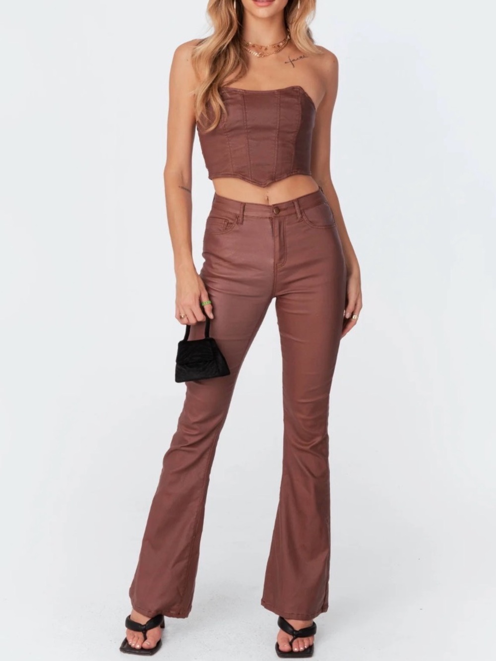 Edikted Luna Faux Leather Mid Rise Flared Jeans